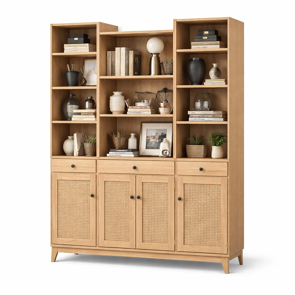 Vitrinenschrank Gross mit offenen Regalen und Rattanfront